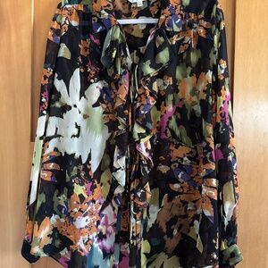 CAbi Cascading Ruffle Tie Front Tunic Blouse Semi-Sheer Size L